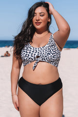 Leopard Print Tie Front Plus Size Bikini Set
