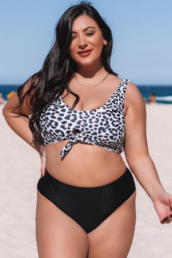 Leopard Print Tie Front Plus Size Bikini Set