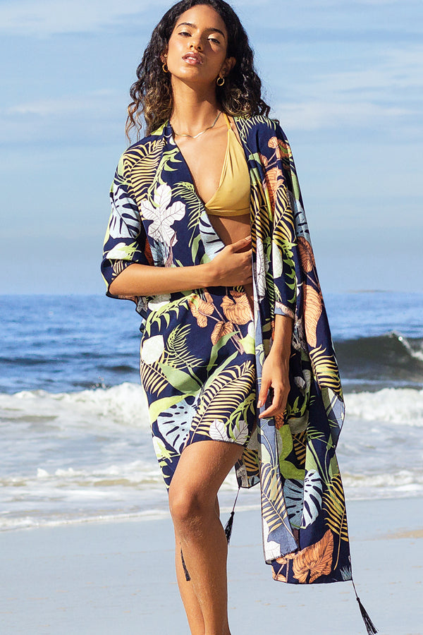 Leaf Print Tassel Swimsuits Cover Up