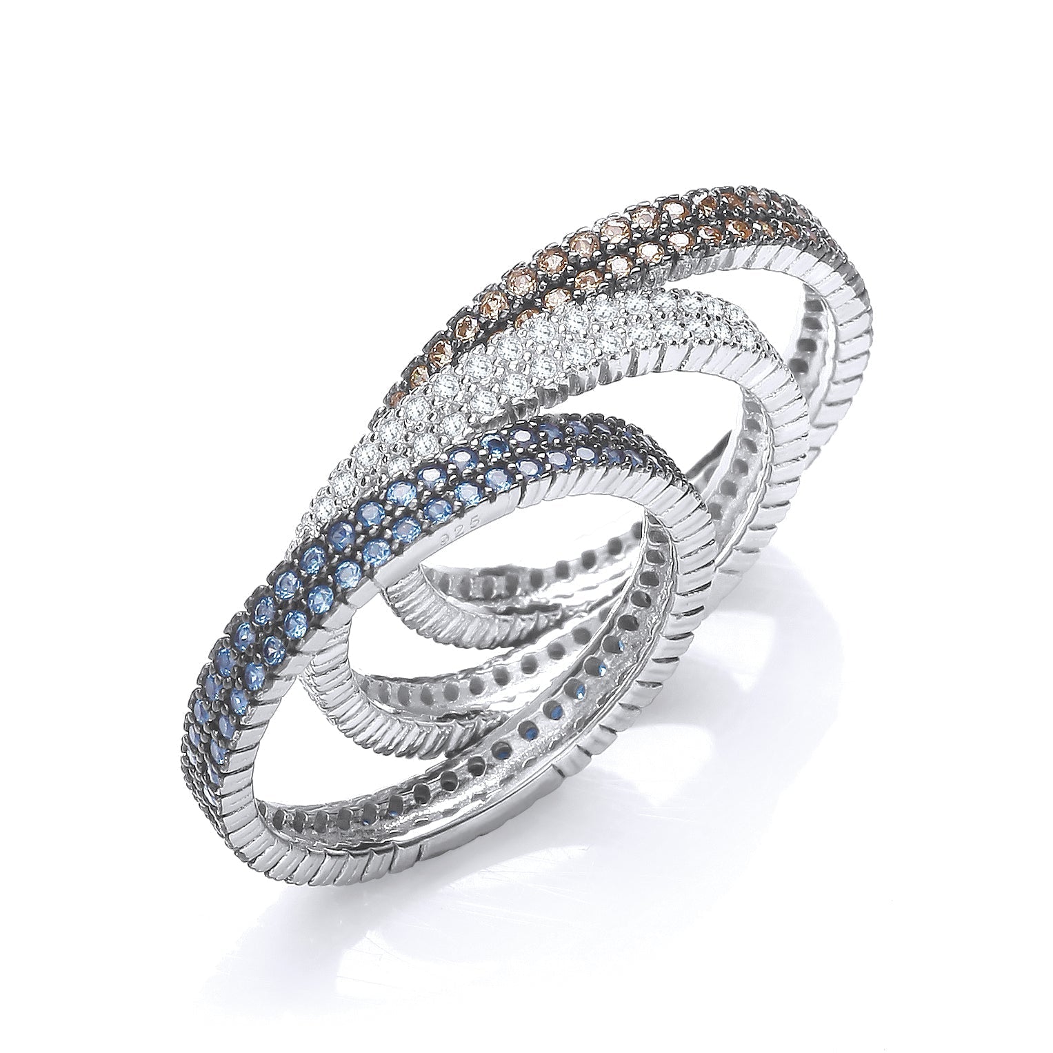 925 Sterling Micro Pave 3 Band Ring (White, Sapphire Champagne) Seasah