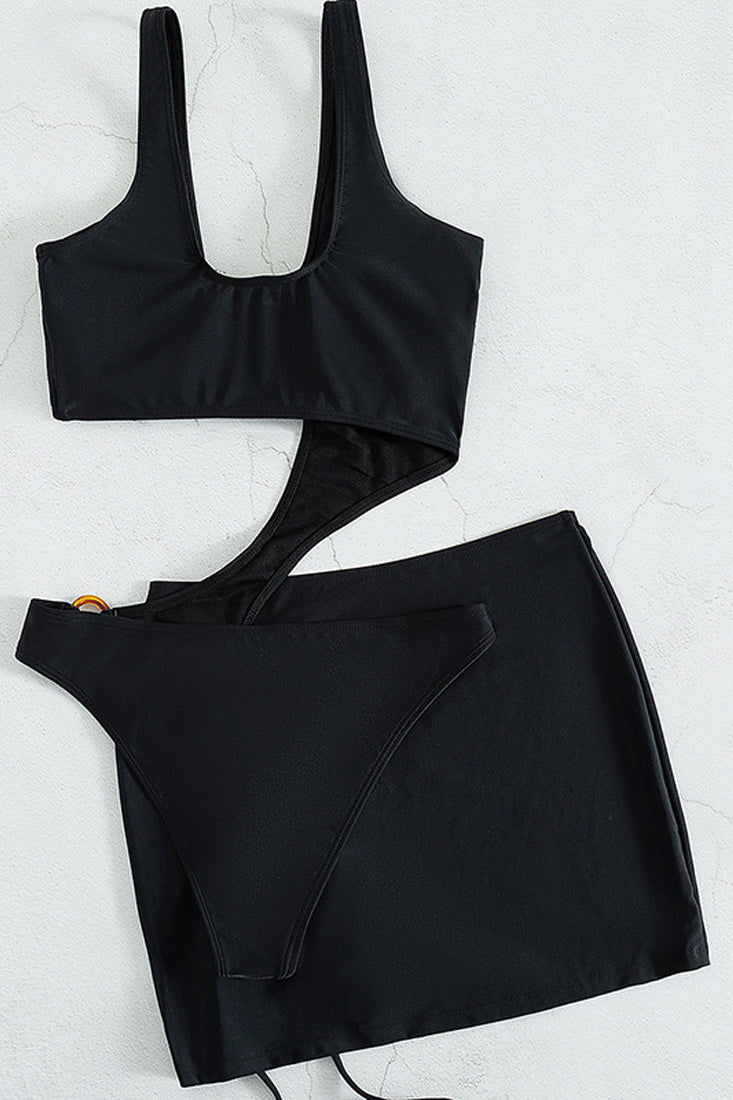 Black Asymmetric O Ring Ruched Cover Up 2 Pc Bikini Set Seasah