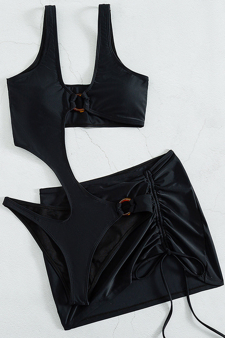 Black Asymmetric O Ring Ruched Cover Up 2 Pc Bikini Set Seasah