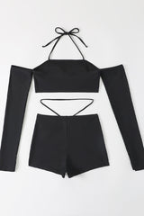 Black Halter Off Shoulder Strappy Shorts 2 Pc Swim Set Seasah