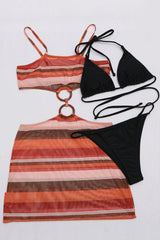 Black Orange Striped O Ring Mesh Three Piece Swimsuit Seasah
