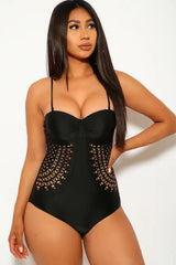 Black Perforated Push Up Bandeau One Piece Swimsuit Seasah