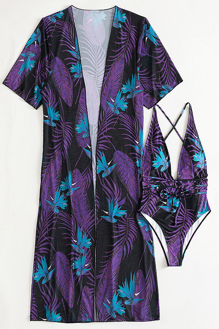 Black Purple Tropical Print Two Piece Monokini Swim & Cover up Set Seasah