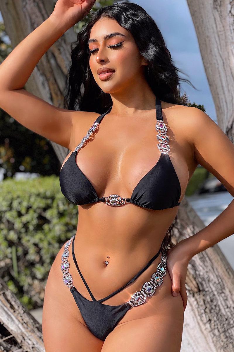 Black Rhinestone Accent Strappy Two Piece Swimsuit Seasah