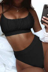 Black Sleeveless Ruched Mid Rise Two Piece Swimsuit Seasah