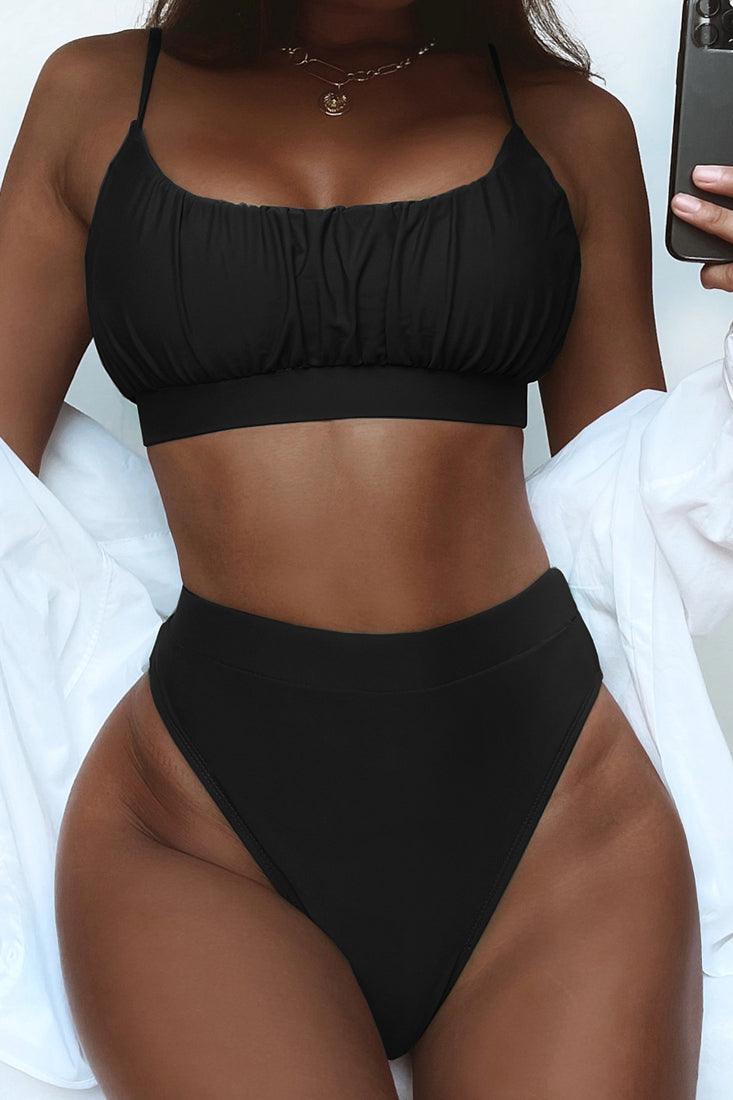 Black Sleeveless Ruched Mid Rise Two Piece Swimsuit Seasah