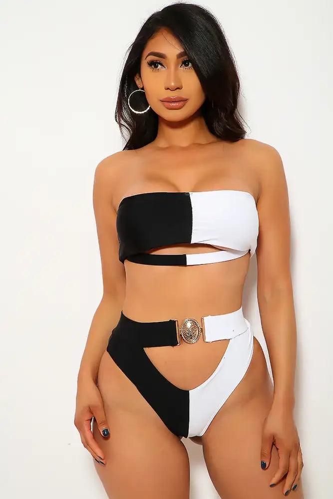Black White Cut Out Padded Two Piece Swimsuit Seasah