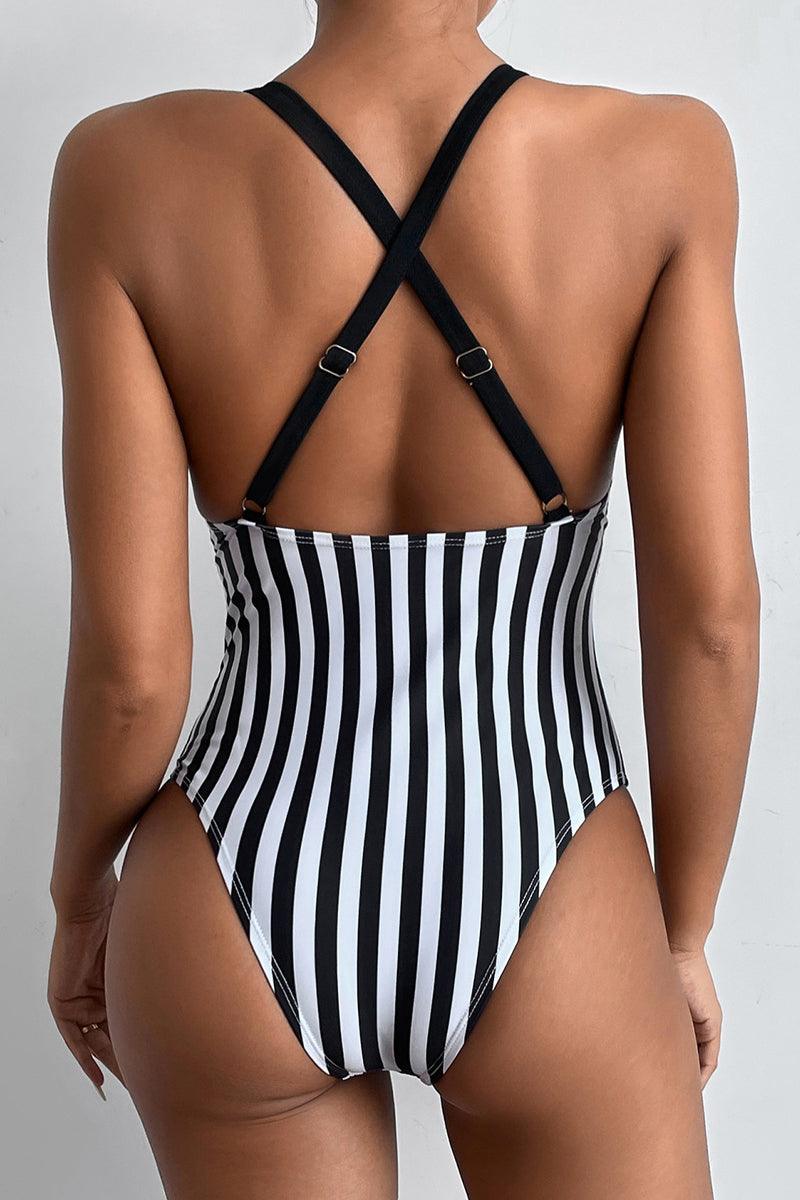 Black White Striped V Cut One Piece Swimsuit Seasah