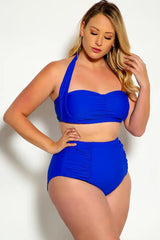 Blue Bold Halter Top Ruched High Waist Two Piece Swimsuit Plus Seasah