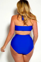 Blue Bold Halter Top Ruched High Waist Two Piece Swimsuit Plus Seasah