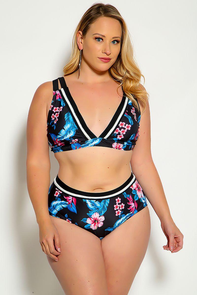 Blue Floral Printed Two Piece Plus Size Swimsuit Seasah