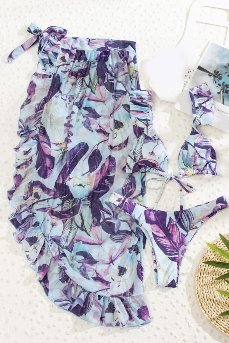 Blue Purple Floral Print Ruffled Three Piece Swimsuit Seasah