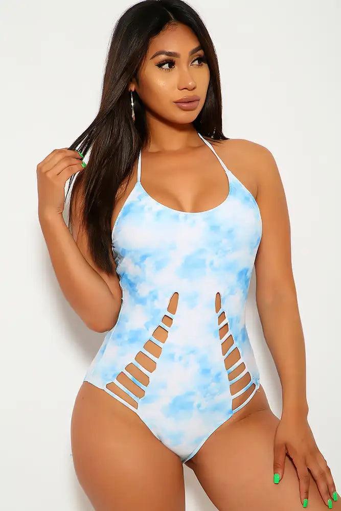 Blue White Cloud Print Halter Strappy Cut Out One Piece Swimsuit Seasah