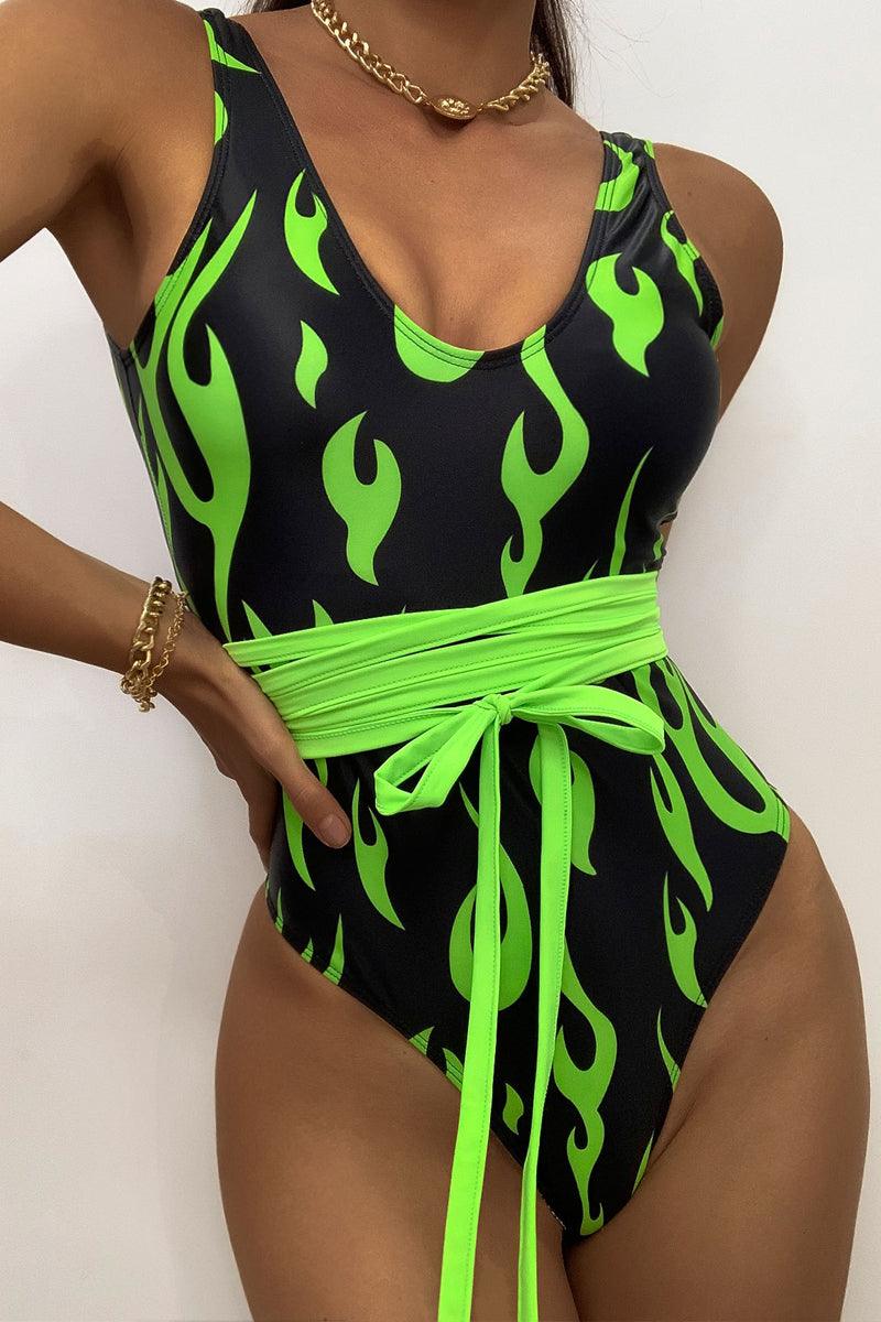 Green Black Flame Print Strappy One Piece Swimsuit Seasah