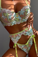 Green Floral Embroidered Mesh Underwire Lingerie 3 Pc Set Seasah