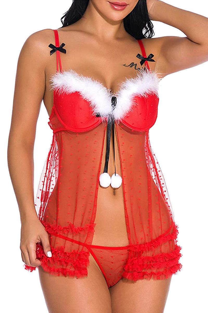 Holiday Red Fuzzy Trim Mesh Open Front Nightdress Set With Thong Seasah