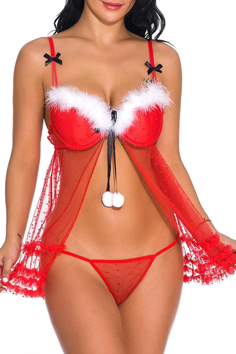Holiday Red Fuzzy Trim Mesh Open Front Nightdress Set With Thong Seasah