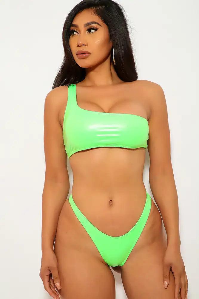 Lime Patent One Shoulder Two Piece Swimsuit Seasah