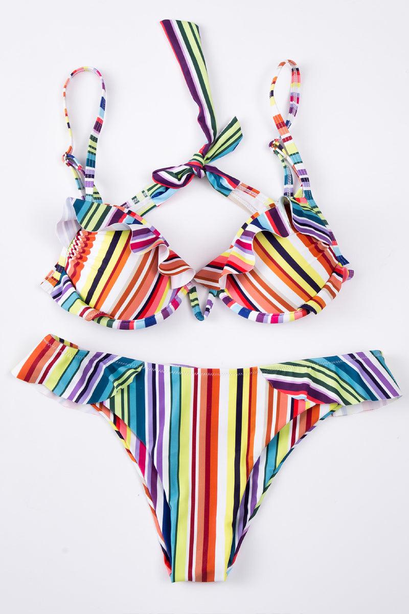 Multi Striped V Underwire Ruffled Two Piece Swimsuit Seasah