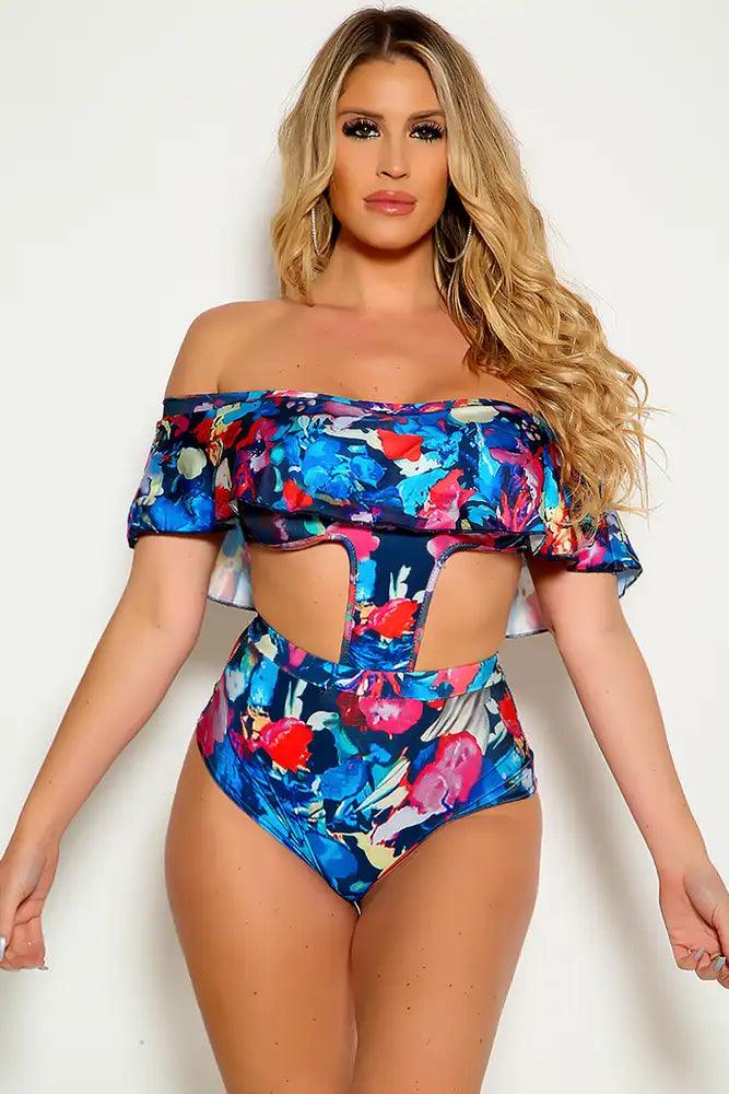 Navy Fuchsia Off The Shoulder Ruffle Layer One Piece Swimsuit Seasah