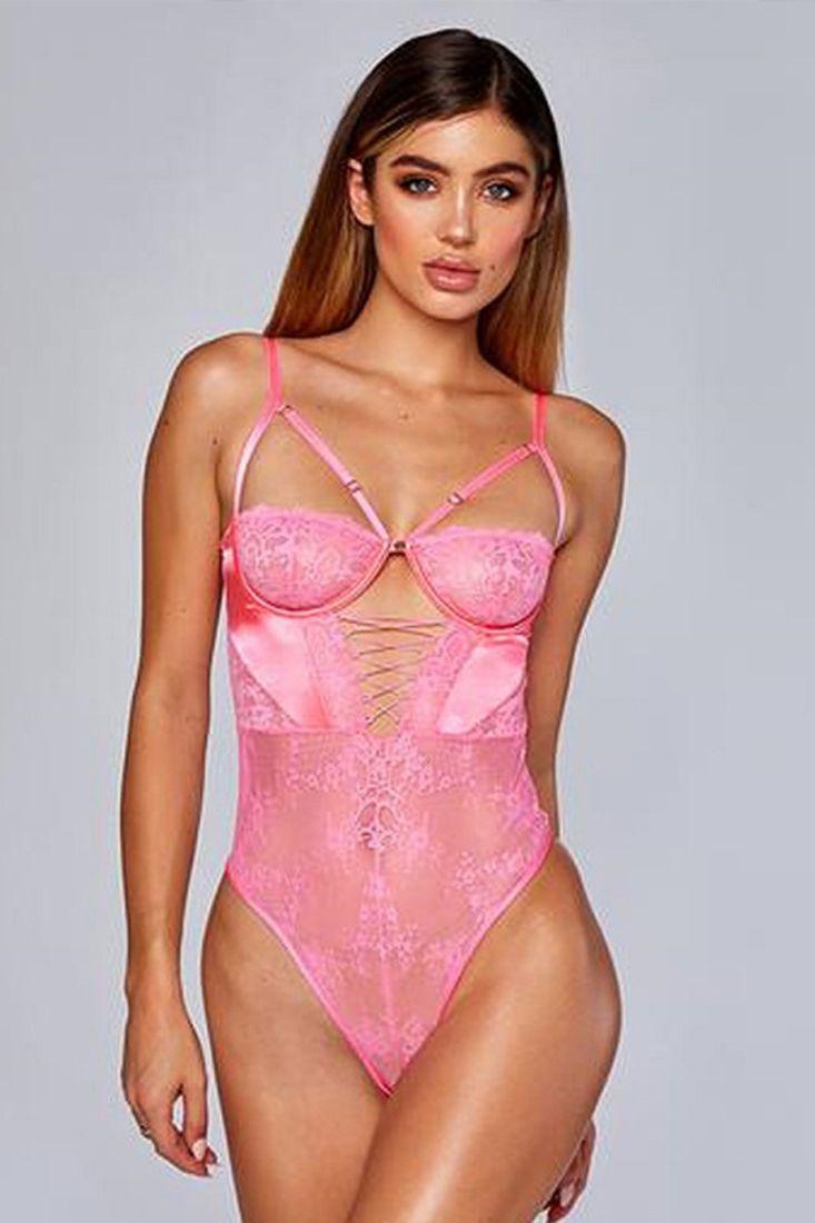 Neon Pink Wired Boned Corset Mesh Lace Teddy Seasah