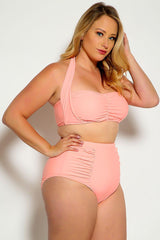 Peach Bold Halter Top Ruched High Waist Two Piece Swimsuit Plus Seasah