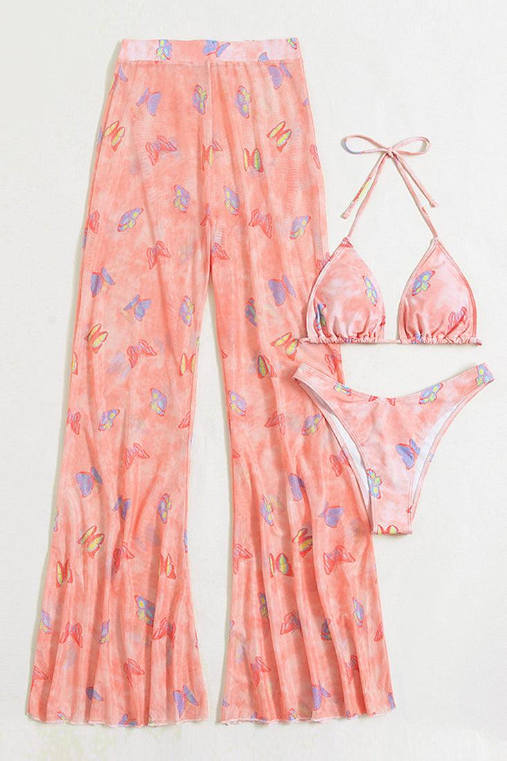 Pink Butterfly Print 3 PC Swimsuit Set Seasah