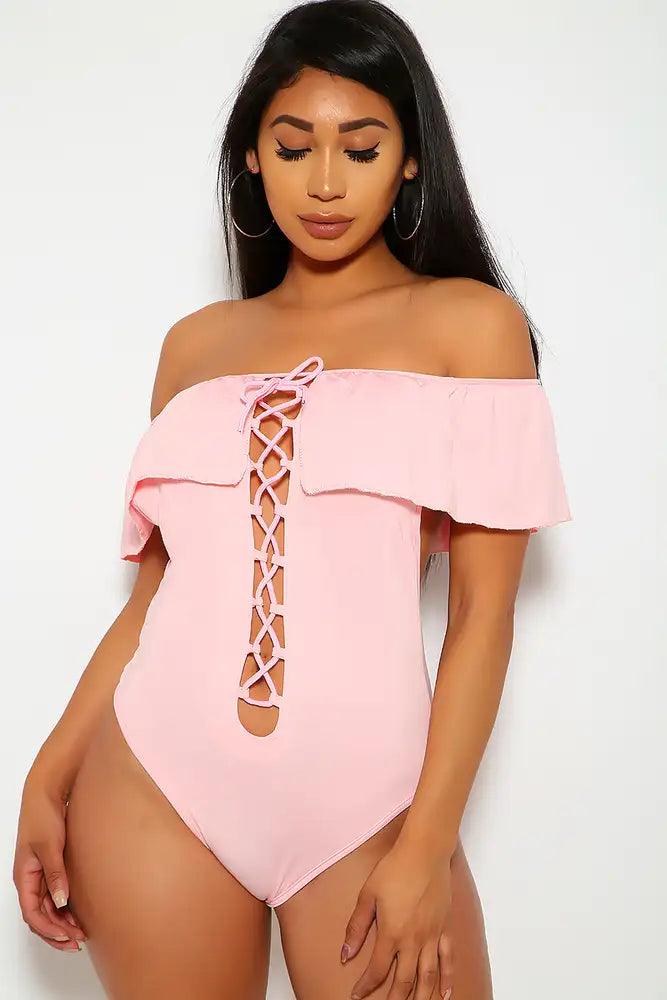 Pink Lace Up Ruffled One Piece Swimsuit Seasah