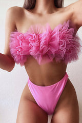 Pink Ruffle Mesh Bandeau & High Waisted Bottom 2 Pc Swimsuit Seasah