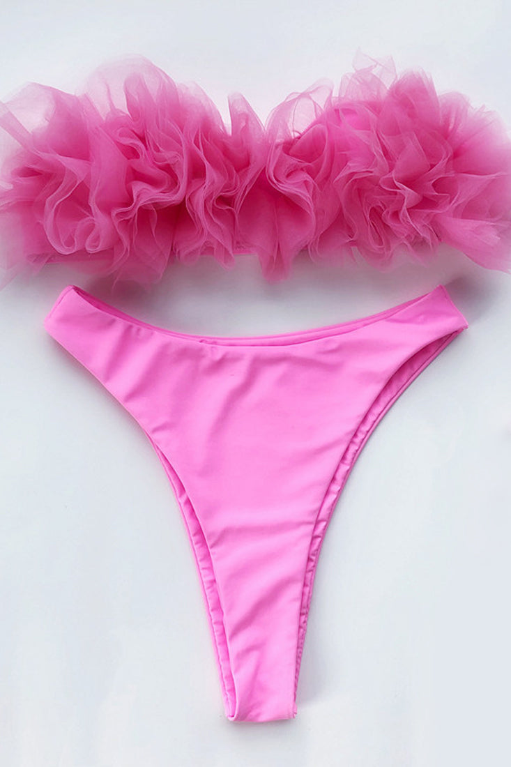 Pink Ruffle Mesh Bandeau & High Waisted Bottom 2 Pc Swimsuit Seasah