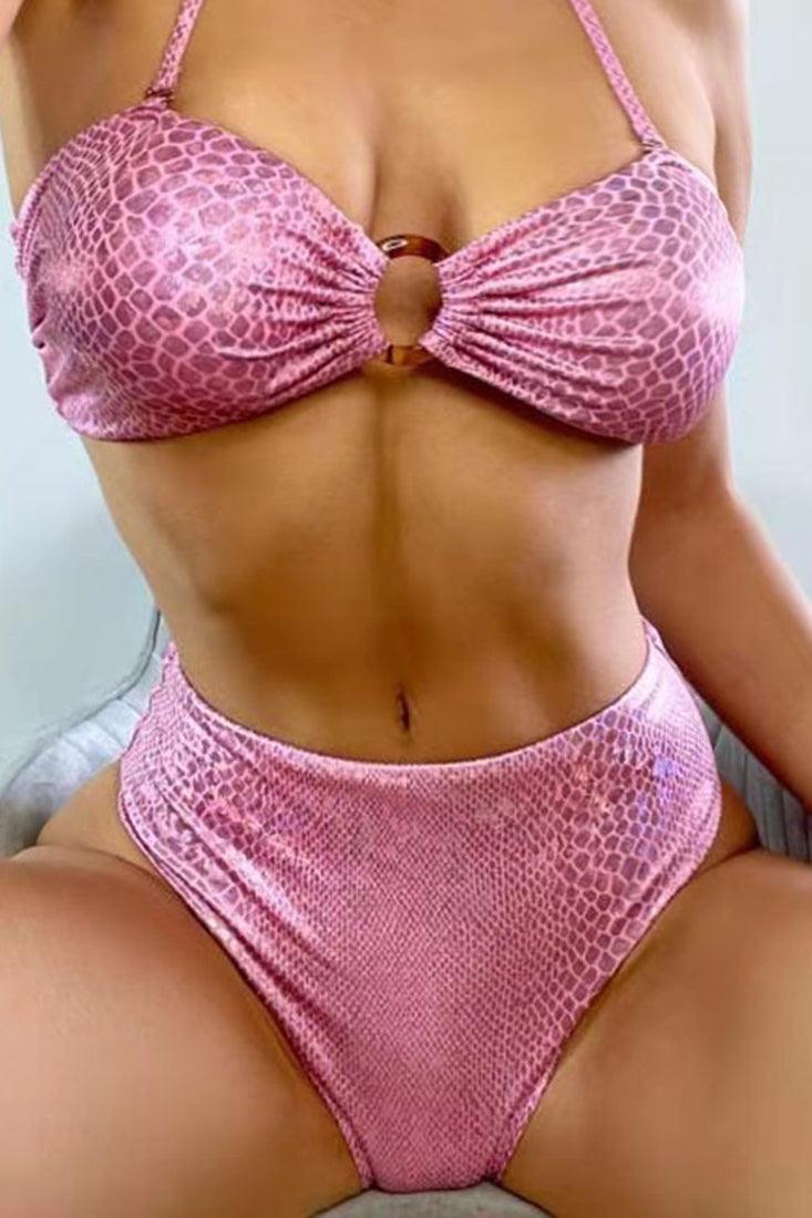 Pink Snake Print Holographic Bandeau Two Piece Swimsuit Seasah