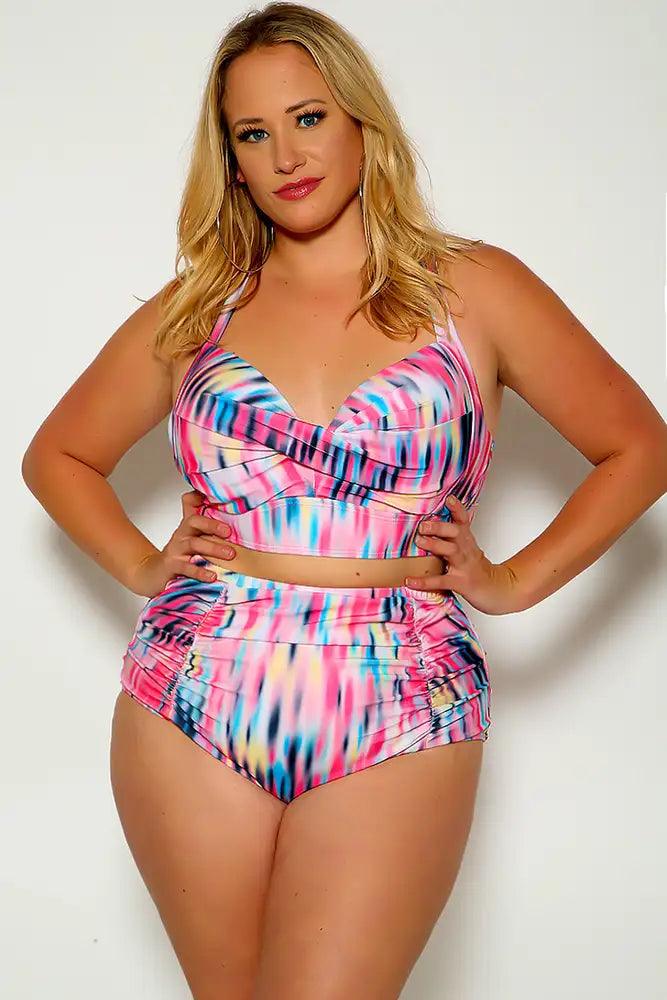 Pink Two Tone Halter High Waist Plus size Two Piece Swimsuit Seasah