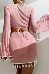 Pink Wrap Around Triangle Top Tassel Trim Cover Up 4 Pc Bikini Set Seasah