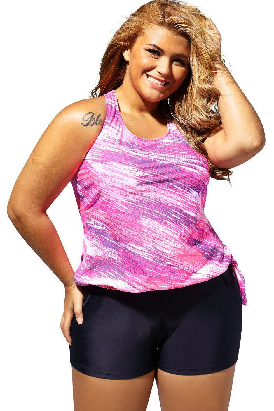 Plus Size Rosy Print Blouson Tankini Swimsuit with Black Board Shorts