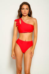 Red Cut Out Ruffled One Shoulder Two Piece Swimsuit Seasah