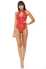Red Halter Cut Out Mesh Panel One Piece Teddy Seasah