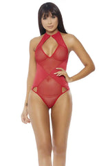 Red Halter Cut Out Mesh Panel One Piece Teddy Seasah