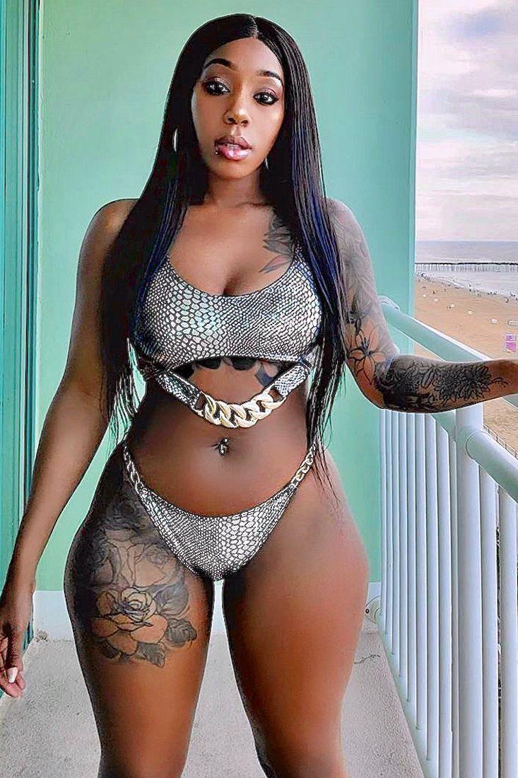 Silver Black Snake Print Chain Accent Two Piece Swimsuit Seasah