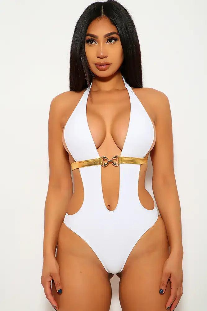 White Gold Belted Cut Out Monokini Seasah