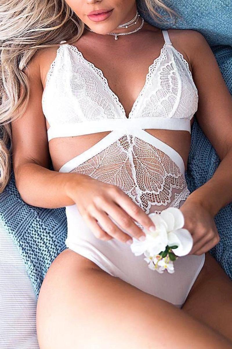 White Sleeveless Lace Cut Out One Piece Teddy Seasah