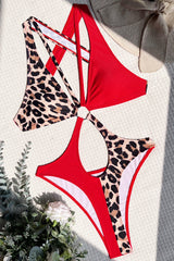 Wild Red Leopard O Ring Linked Hollow Out Monokini Seasah