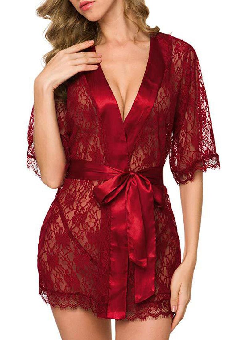 Wine Floral Lace Mid Sleeve Lingerie Robe 3 Pc Set Seasah