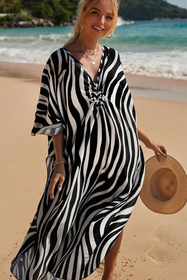 Zebra Pattern V Neck Swimwear Cover Up Seasah