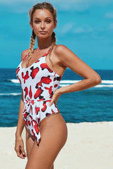 Cute Red Scoop Neck High Cut Sash One-piece Swimsuit