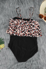 Leopard Printed Off Shoulder Flounce Overlay One-piece Swimwear